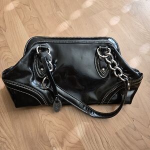 Franco Sarto Shiny Black Clutch with Chain Detail